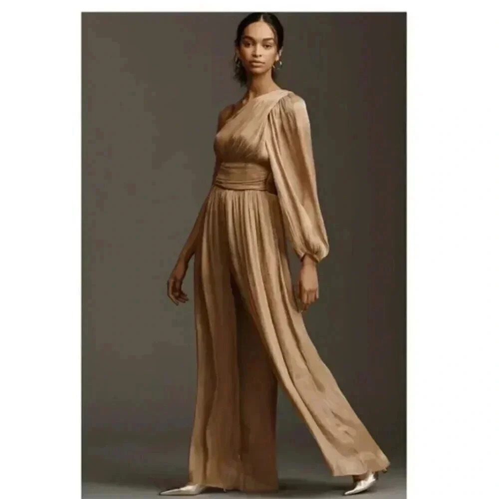 NWT By Anthropologie One Shoulder Metallic Gold Bronze Wide Leg Sheen Jumpsuit